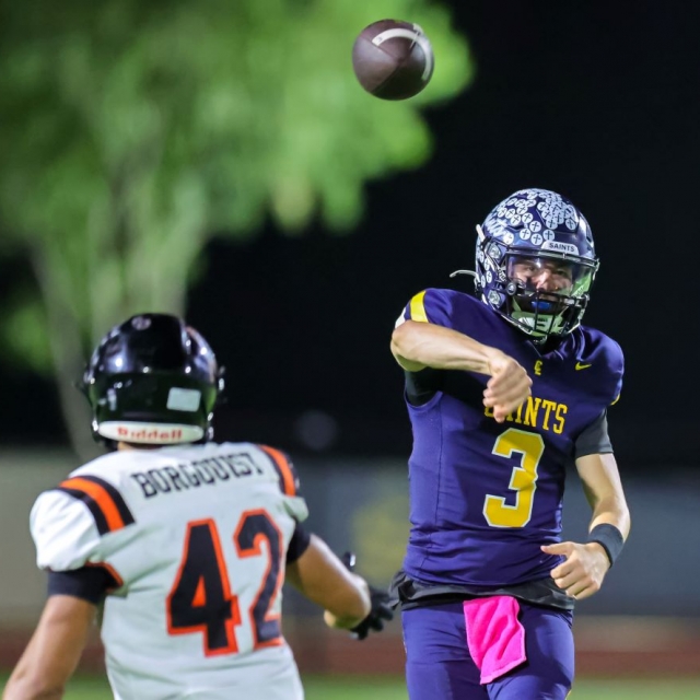 Crean Lutheran’s Caden Jones fires the ball down field as Oiler Maxson Borgquist defends