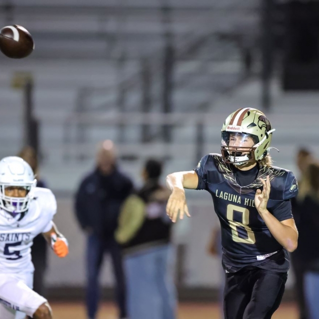 Laguna Hills’ sophomore QB Jaxson Vanderbeek fires the ball down field (1)