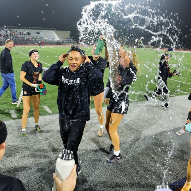 JSerra players celebrate post-game with head coach Brian Ong