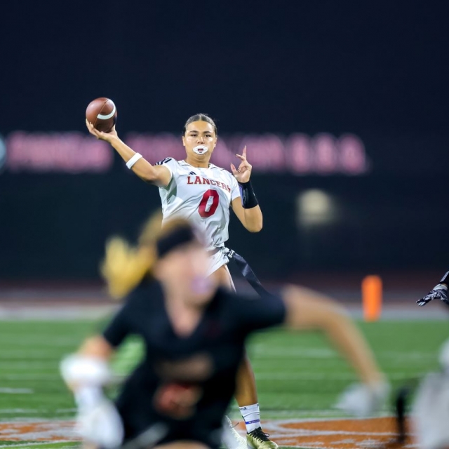 Orange Lutheran QB Makena Cook fires the ball to a receiver downfield