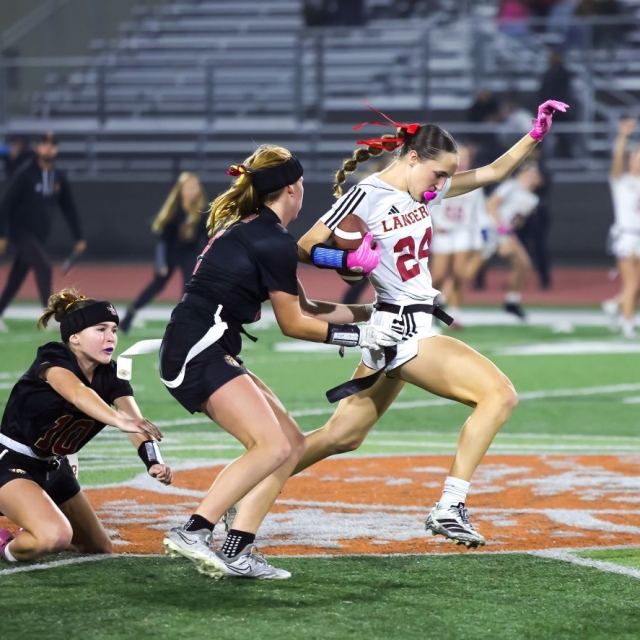 Orange Lutheran receiver Julia Oberholtzer catches a deep pass from QB Makena Cook
