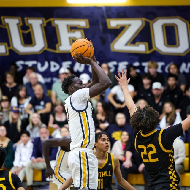 Crean Lutheran’s Will Malual takes an open shot from the top of the key as Foothill defends