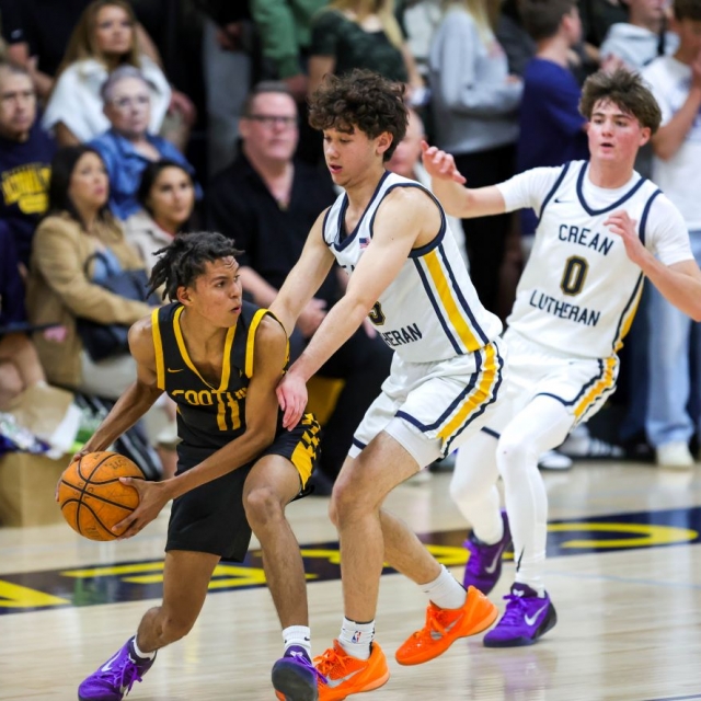 Hunter Caplan of Crean Lutheran pressures Foothill’s DeAngelo Todd late in the game