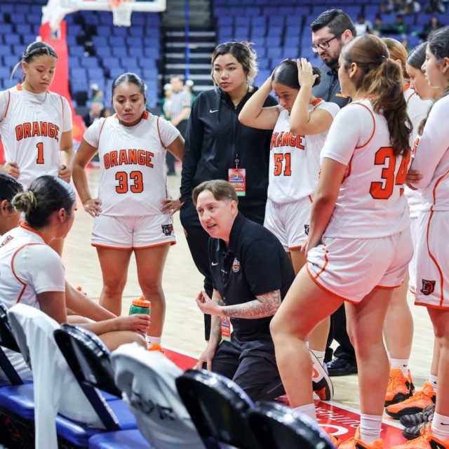 Haed coach Sara Esparza calls a play during an Orange timeout