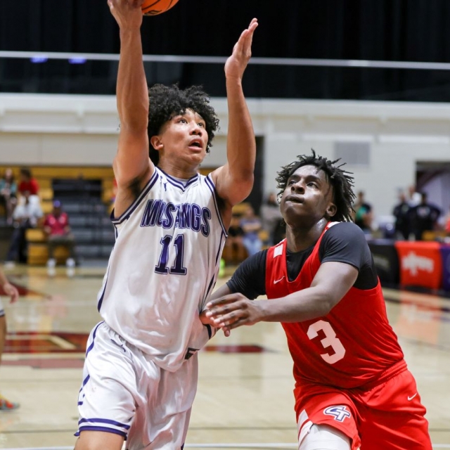 Trabuco Hills’s Devon Williams drives to the basket against Fende Thomas of Colony