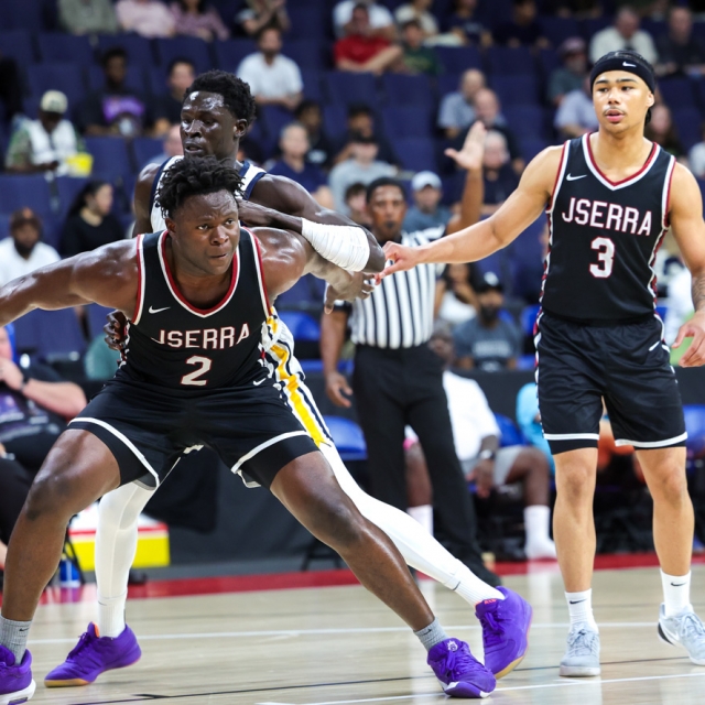 JSerra’s Godschoice Eboigbodin boxes out Cren Lutheran’s Jacob Majok after a free throw
