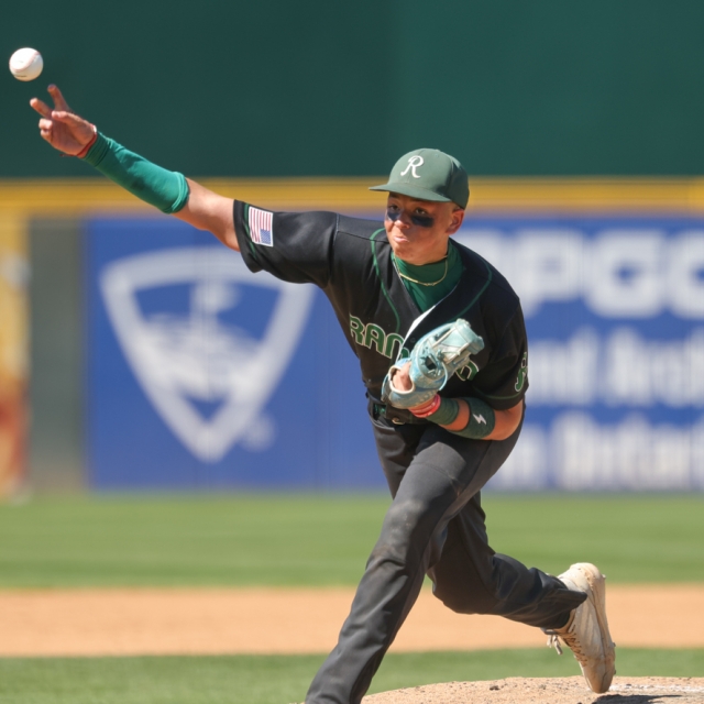 Ethan Shepherd fires a pitch for Rancho Alamitos