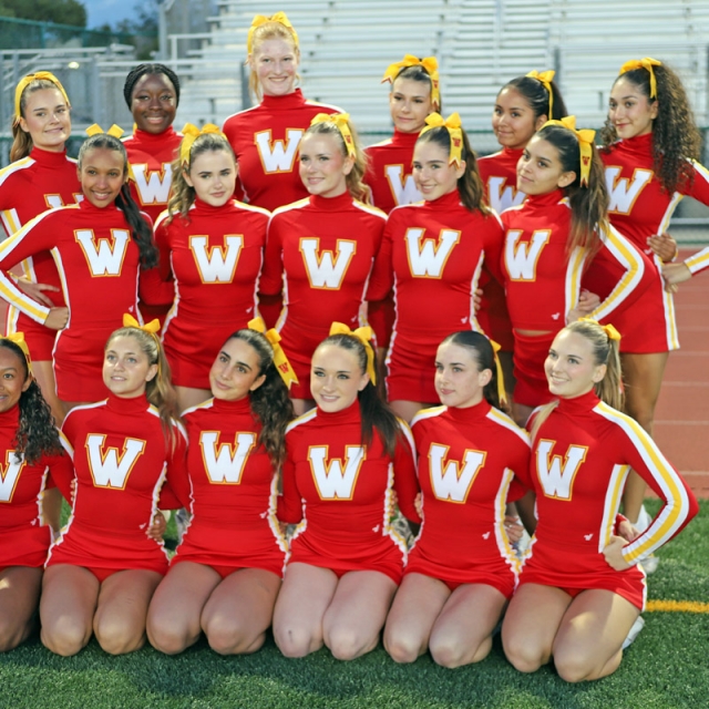 Members of the Woodbridge pep squad pose for a photo on Friday night.